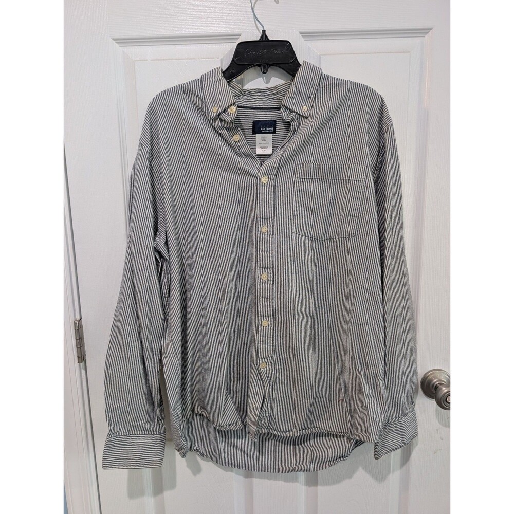 Basic Editions Men’s Long Sleeve Button Down Shirt XL Stripe Shirt White Gray